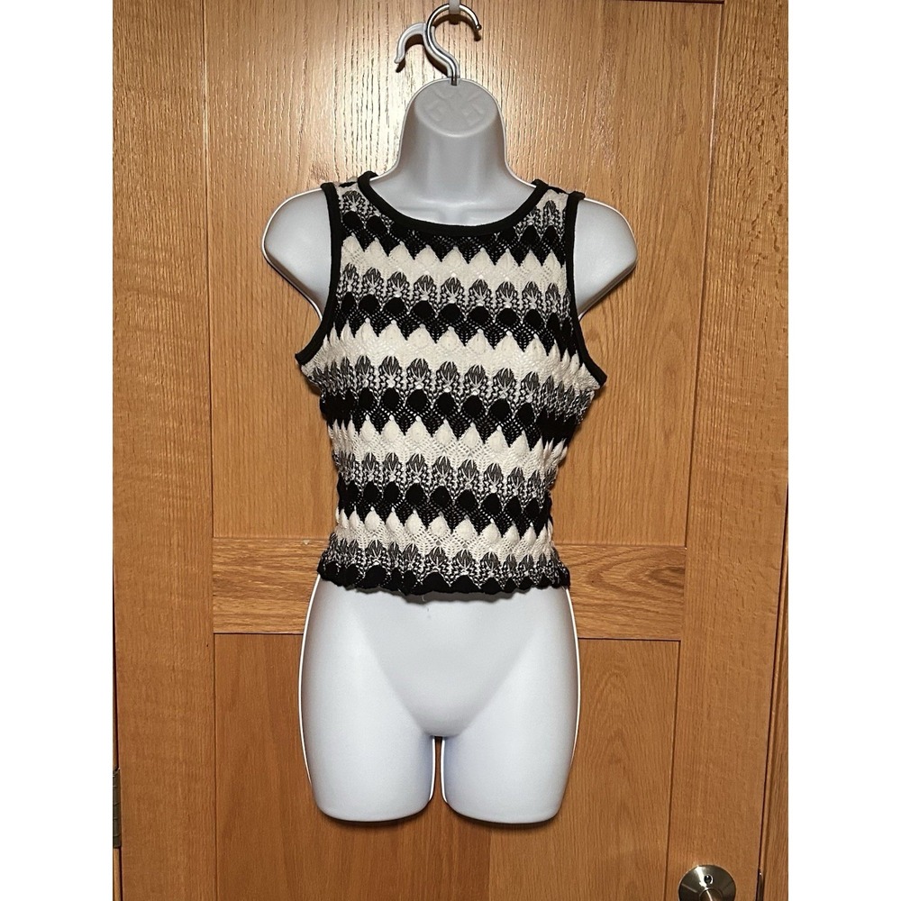 Vintage Y2K Jalate Chevron Crochet Knit Tank Top Crop Black White Scallop Trim M